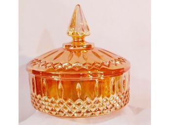 S    Vintage Indiana Marigold Carnival Glass Covered Candy Dish W/ Finial Top