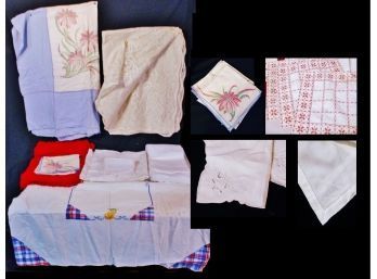 S   Lot Of Vintage Linens Damask & Lace Tablecloths Napkins Hand Embroidered Placemats 29 Pcs SUPERB!