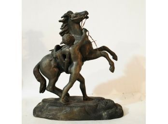 S    Antique Beautiful Bronzed Metal Horse Statue Fiery Steed & Handler Equestrian !!