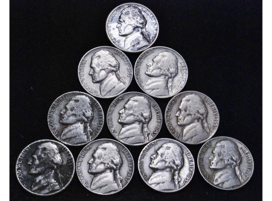Lot Of 10 Jefferson Nickels 1939  1951  1952-D  1953   1957  (3)1957-D 1959  1971-D  (jds8)