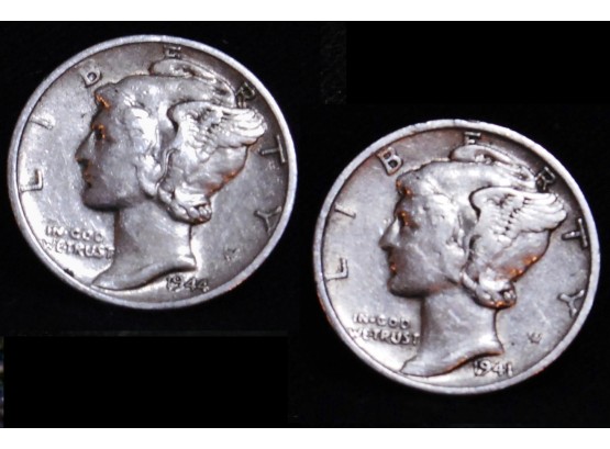 Lot Of 2  1941  1944-D   90 Percent Silver Mercury Dimes EXTRA FINE PLUS Lustrous (pak6)