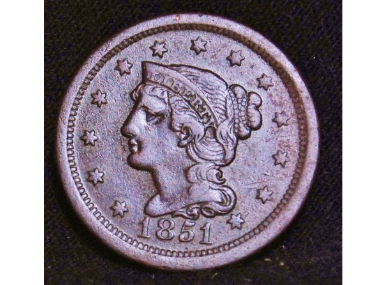 1851 Braided Hair Coronet Large Cent XF / XF   NICE  (vta5)