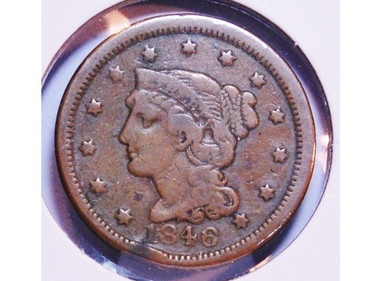 1846 Braided Hair Coronet Large Cent / Penny VERY FINE (Die Rotation On Reverse) (LLded3))