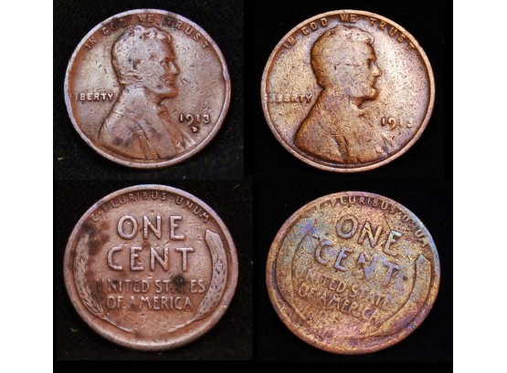 Lot Of 2   1913-D (Semi Key Date) & 1913  EARLY  Lincoln Wheat Cents Pennies (hmb5)