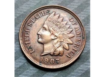 1907 Indian Head Cent / Penny UNCIRCULATED! Bold Liberty / 4 Full  Diamonds  (LLacg5)