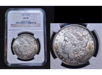 1881-o NGC Morgan Silver Dollar Near Uncirc AU-58 ERROR / VAM OVERSTRIKE Natural Toned BEAUTY   (rjo8)