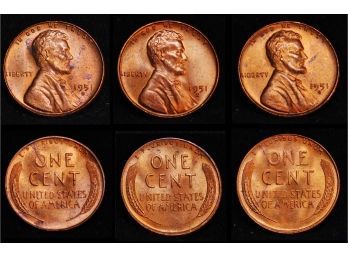 3  1951-S Lincoln Wheat Cents Pennies BU Red Brilliant Uncirc Superb Proof-like (pte6)
