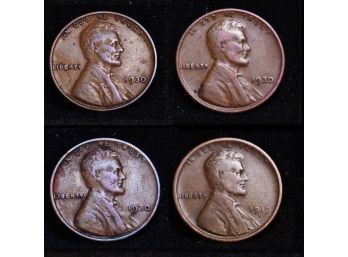 Lot Of 4 Early Lincoln Wheat Cents / Pennies  1919-S  (3) 1930  (yar7)