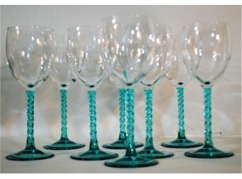 Lot Of 8 French Wine Glasses / Stemware Teal / Blue-Green Stems NICE
