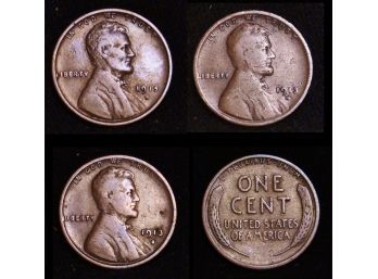 Lot Of 3 Early Lincoln Wheat Cents / Pennies 1913-D  1913-s  1915-D  SEMI KEY DATE  (aac9)