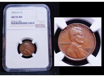 NGC 1933-D Lincoln Wheat Cent / Penny  Graded AU-55 Beautiful RED! (gov3)