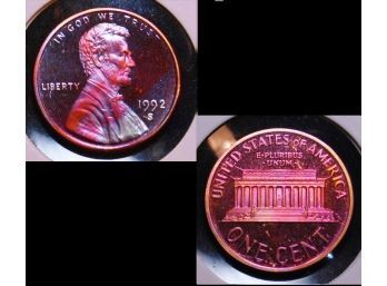 1992-S Lincoln Memorial Cent / Penny PROOF Amazing Natural Red / Silver Toning!  (LLgjk9)