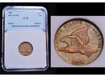 1858 NNC Flying Eagle Cent Penny Graded VF-35 AMAZING CONDITION! & Toning!   (fve5)