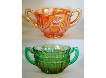 Lot Of 2 Vintage Carnival Glass Sugar Bowls Northwood Lustre Flute & Paneled Apple