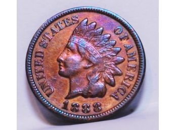 1888 Indian Head Cent / Penny  BETTER DATE! AU Uncirc Bold Liberty / Diamonds &  Rainbow Toning  (apb8)