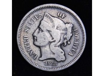 1868 Three Cent Nickel US Coin Scarce  FINE /  XF In Capsule (acp7)