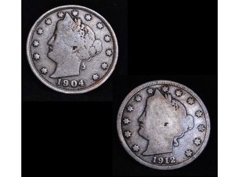 Lot Of 2   1912-D   1904  Liberty 'V' Nickels Scarce Denver Mint (psm9)