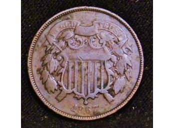 1867 Two Cent Piece Coin XF / FINE Low Mintage Date (daf4)