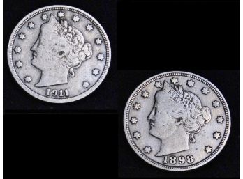 Lot Of 2 Liberty 'V' Victory Nickels 1898  1911 XTRA FINE / XF Plus! NICE Full Liberty (vef5)