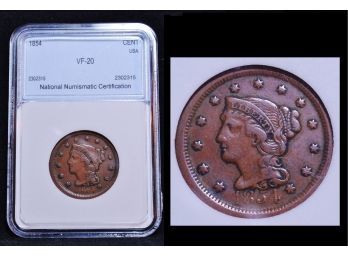 1854 NNC Braided Hair Coronet Large Cent / Penny Fine Full  Liberty Graded VF-20 (stp4)
