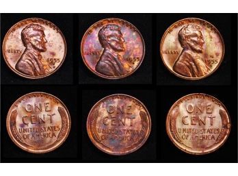 Lot Of 3 1955-S Lincoln Wheat Cents BRILLIANT UNCIRCULATED Some Natural Rainbow Toning! NICE! (gbe8)