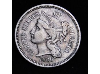 1869 Three Cent Nickel US Coin Scarce  XF Plus FULL COLUMN LINES  (caq9))