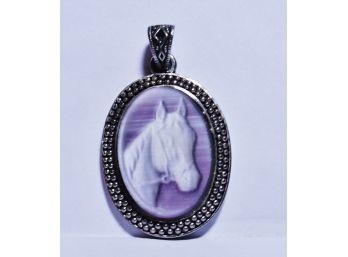 Natural Purple Agate Cameo Horse Head Pendant In .800 Silver Setting