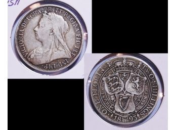 1893 British Florin 92.5 Percent Silver Veiled Head Two Shillings XTRA FINE! (LLhtm4)