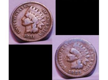 Lot Of 2   1881  1883   Indian Head Cents / Pennies TOUGH DATES TO FIND  (vde5)