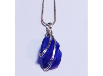 Artisan Hand-Crafted NATURAL NEW ENGLAND SEA GLASS Cobalt Blue Pendant Necklace On Silver Chain
