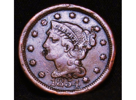 1854 Braided Hair Coronet Large Cent / Penny Very Fine Full  Liberty (adt6)