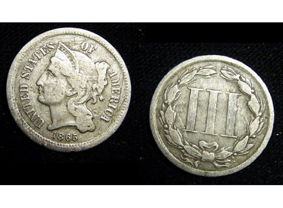 1865 Three Cent Nickel US Coin Scarce  Civil War Era SUPER OBVERSE! (ugg9)