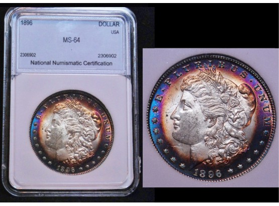 1896 Morgan Silver Dollar 90 Silver NNC Graded MS-64 RAINBOW TONING / BETTER DATE!  (3apy7)