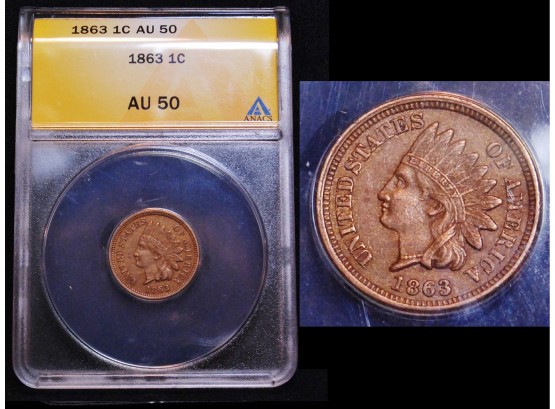 1863 Indian Head Cent US Civil War Era BETTER Date ANACS  Graded AU 50 WOW! (6pmw4)