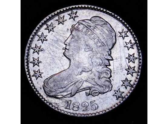 1825 Capped Bust SILVER Half Dollar EARLY DATE! Full Feathering & Motto XF PLUS (2blm4)