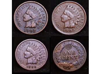 Lot Of 3  Indian Head Cents Pennies 1890  1902 1902 Closely Circulated   (hme4)