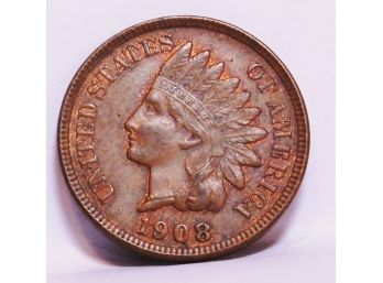 1908 Indian Head Cent / Penny  BETTER DATE! AU Uncirculated Full Bold Liberty & 4 Diamonds  Super!  (fed6)