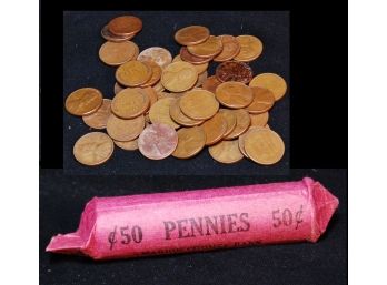 Roll Of 50 Lincoln Wheat Cents / Pennies 1940's & 1950's (bcc2)