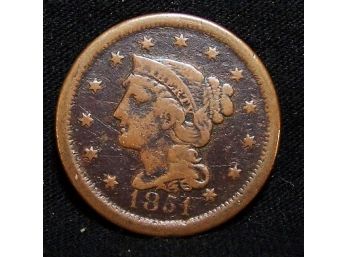 1851 Braided Hair Coronet Large Cent (pps6)