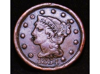1854 Braided Hair Coronet Large Cent / Penny Very Fine Full  Liberty (adt6)
