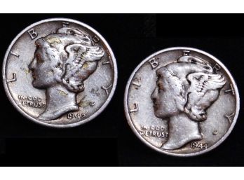 Lot Of 2  1942-S  1944  90 Percent Silver Mercury Dimes (knp9)