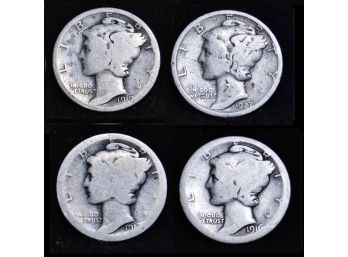 Lot Of 4 Mercury Dimes 1916  1917  1919-S  1927  90 Percent Silver (rhp8)