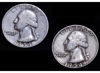 Lot Of 2 1954 Washington Silver Quarters 90 Percent Silver (tvp9)