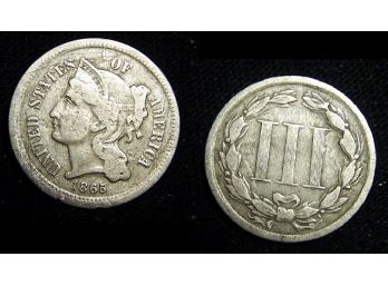 1865 Three Cent Nickel US Coin Scarce  Civil War Era SUPER OBVERSE! (ugg9)
