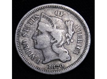 1870 Three Cent Silver Nickel Full Column Lines! XF (hbk9)