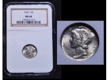 1938 NGC Graded MS-64 Silver Mercury Dime SUPER! FULL SPLIT BANDS! (smd4)