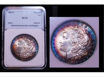 1885-O Morgan Silver Dollar 90 Silver NNC Graded MS-65 RAINBOW TONING Gorgeous Coin!  (8caf9)