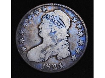1824 Capped Bust SILVER Half Dollar VERY EARLY DATE Natural Toning VG / F (8glo2)
