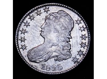 1825 Capped Bust SILVER Half Dollar EARLY DATE! Full Feathering & Motto XF PLUS (2blm4)