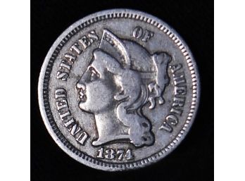 1874 Three Cent Piece / Silver Nickel / Piece  XF Plus FULL COLUMN LINES!  (hmo96)